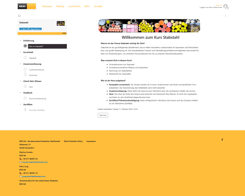 Beispiel einer Kursseite für BDS