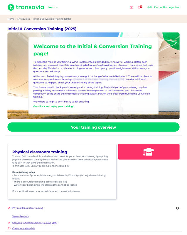 Training page welcome