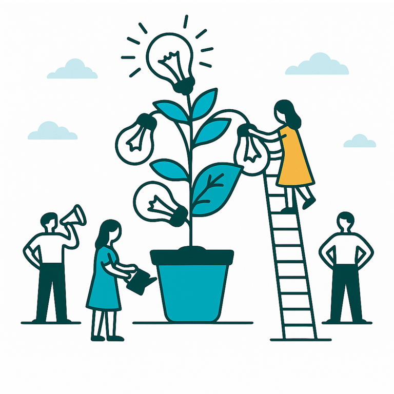 A group of employees watering a plant that resembles lightbulbs, suggesting they're nurturing learning