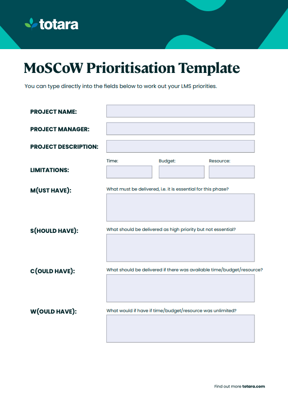Plantilla de priorización del MoSCoW totara